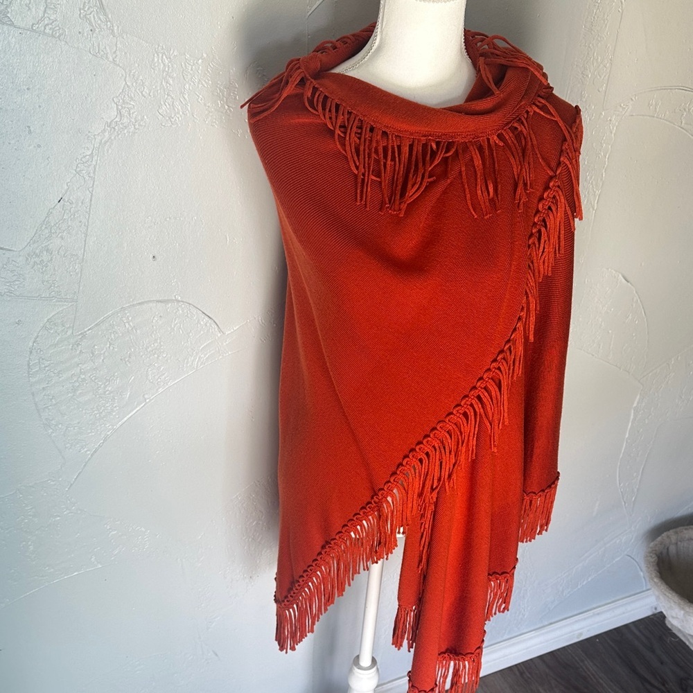 Boho Fringed Open-Front Shawl Wrap – Rust Orange - Picture 3 of 9